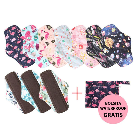 Pack mixto de 10 compresas reutilizables (3+bolsita gratis)